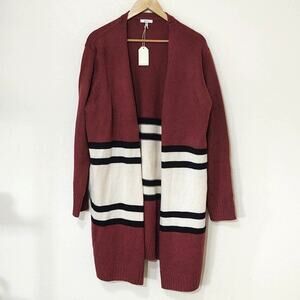 Jodifl maroon color block cardigan duster with pockets- 2X